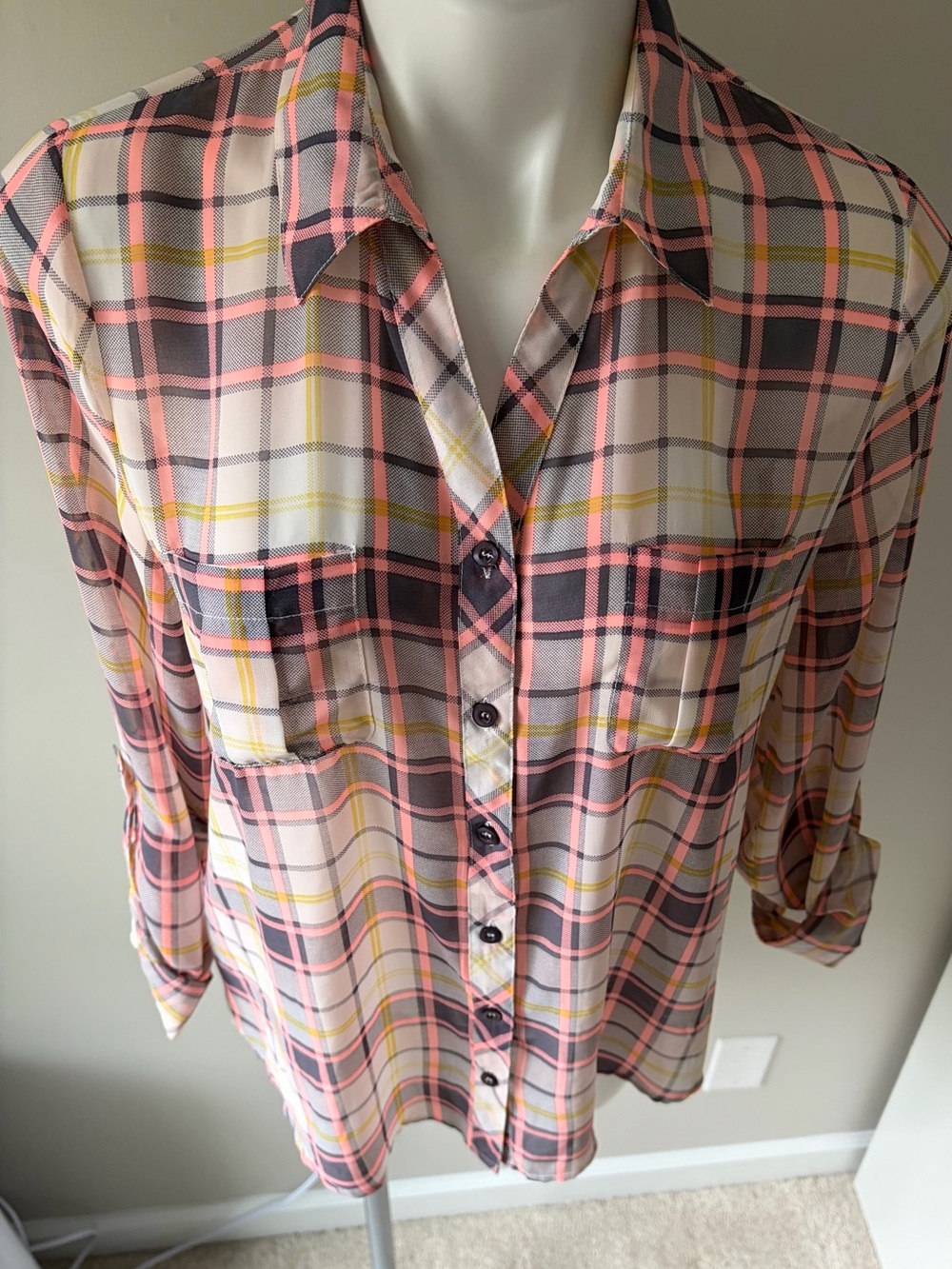 [Blu Pepper] Sheer Pink and Yellow Plaid Button-Down Shirt